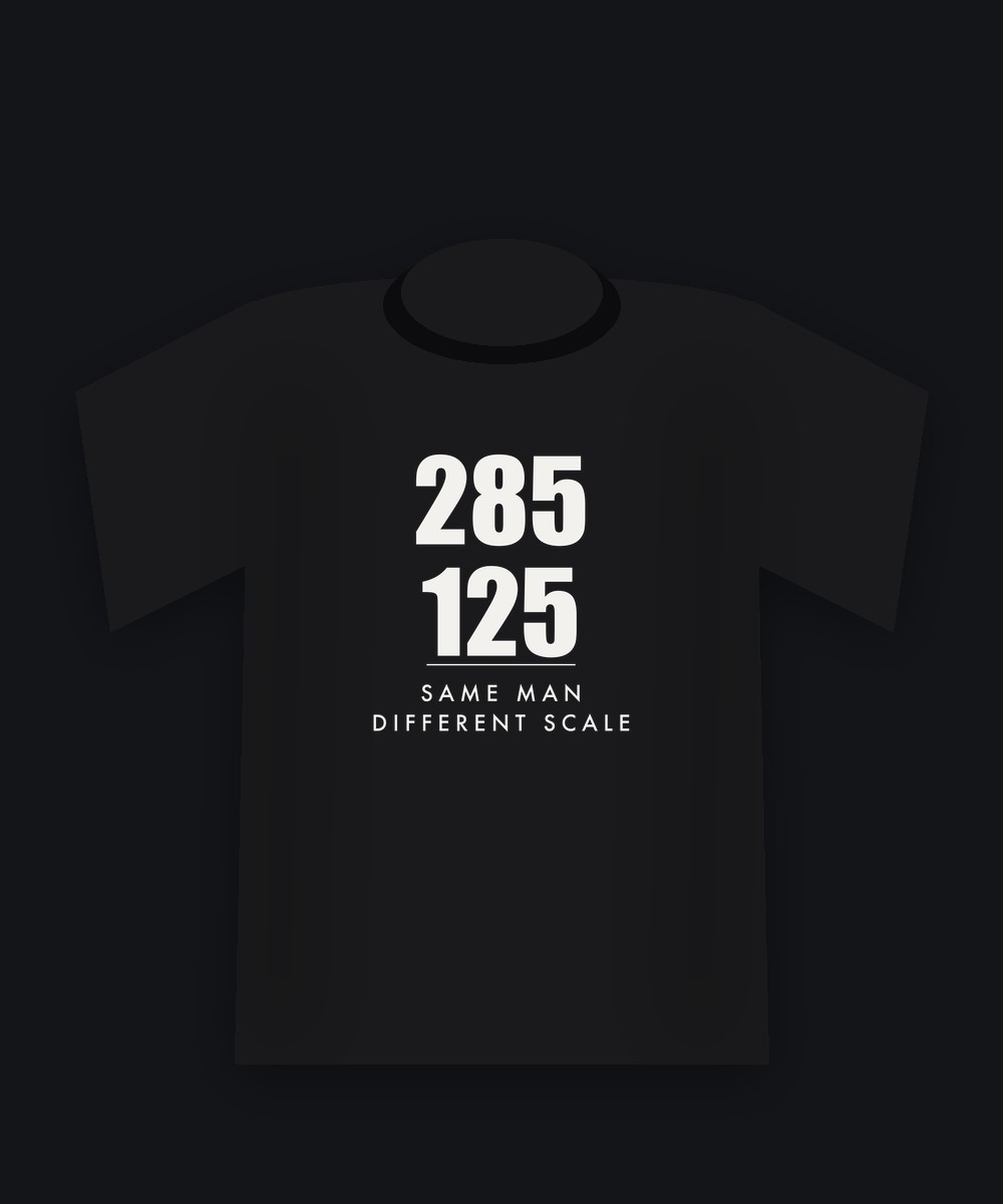 285 / 125 on a black tee