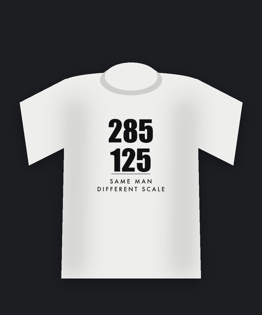 285 / 125 on a white tee
